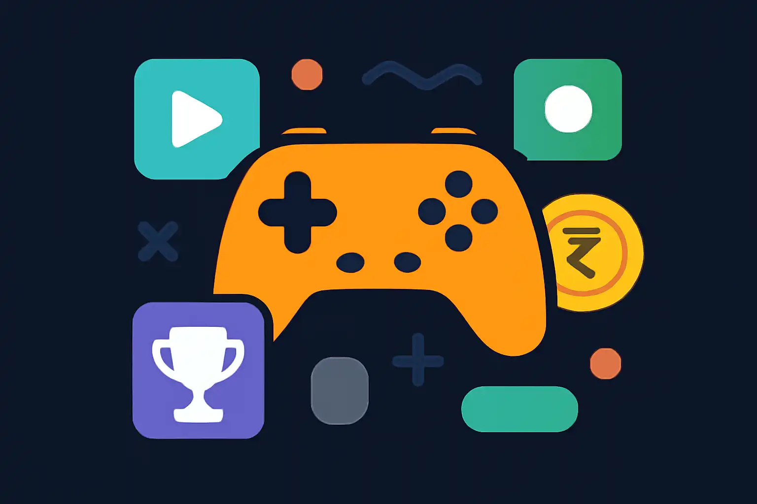 Hero illustration: TC Game, modern flat design, dark background, brand-neutral, icons and shapes only, no text