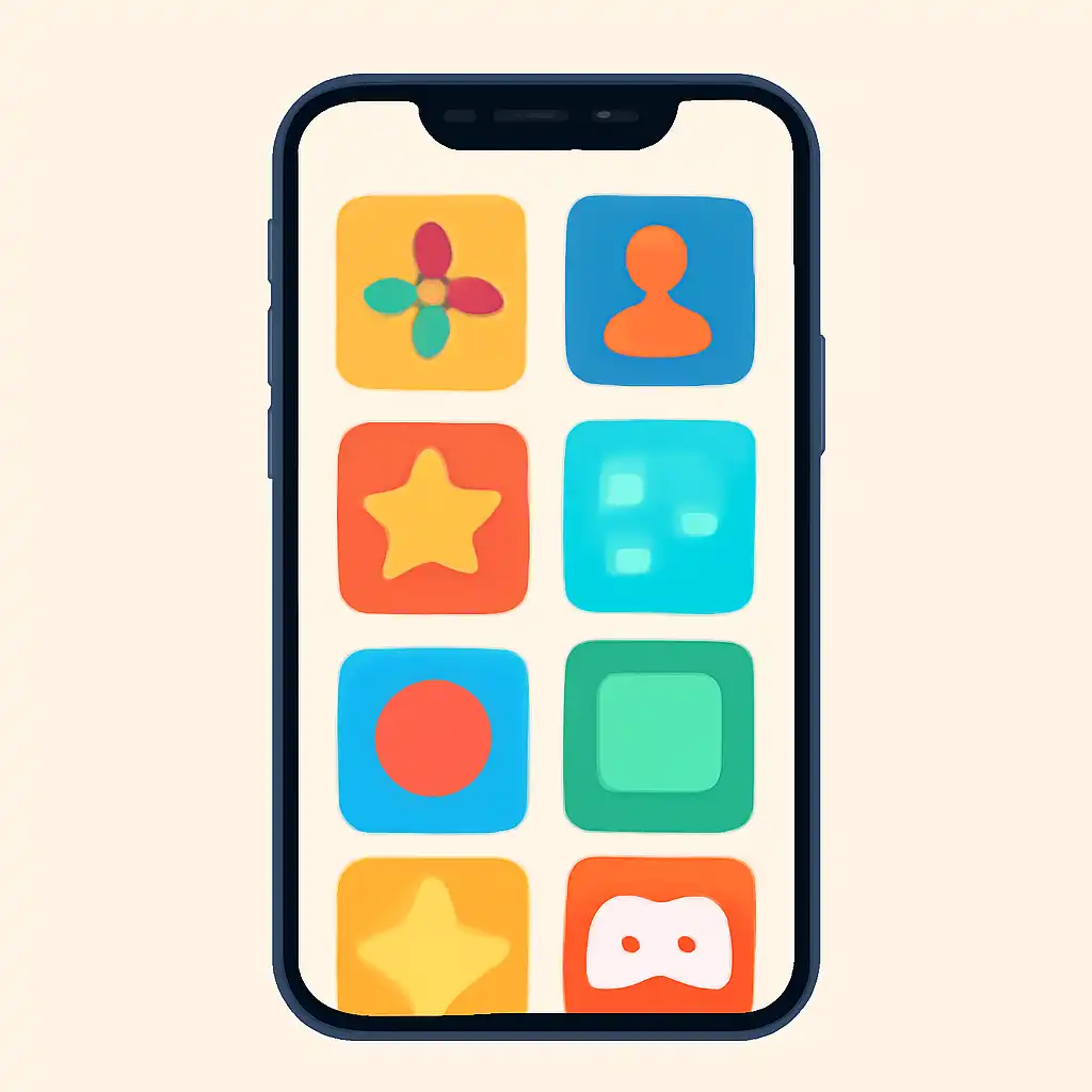 Smartphone shown from the front displaying a colourful flat layout of abstract game icons and rounded tiles (no text, no letters, no labels), TC Game