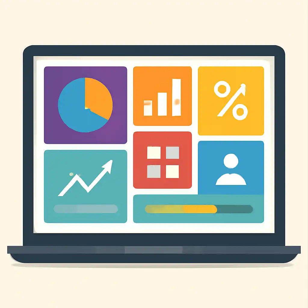 Laptop shown from the front displaying a colourful flat dashboard of abstract charts, bars and icon tiles (no text, no letters, no labels), TC Game