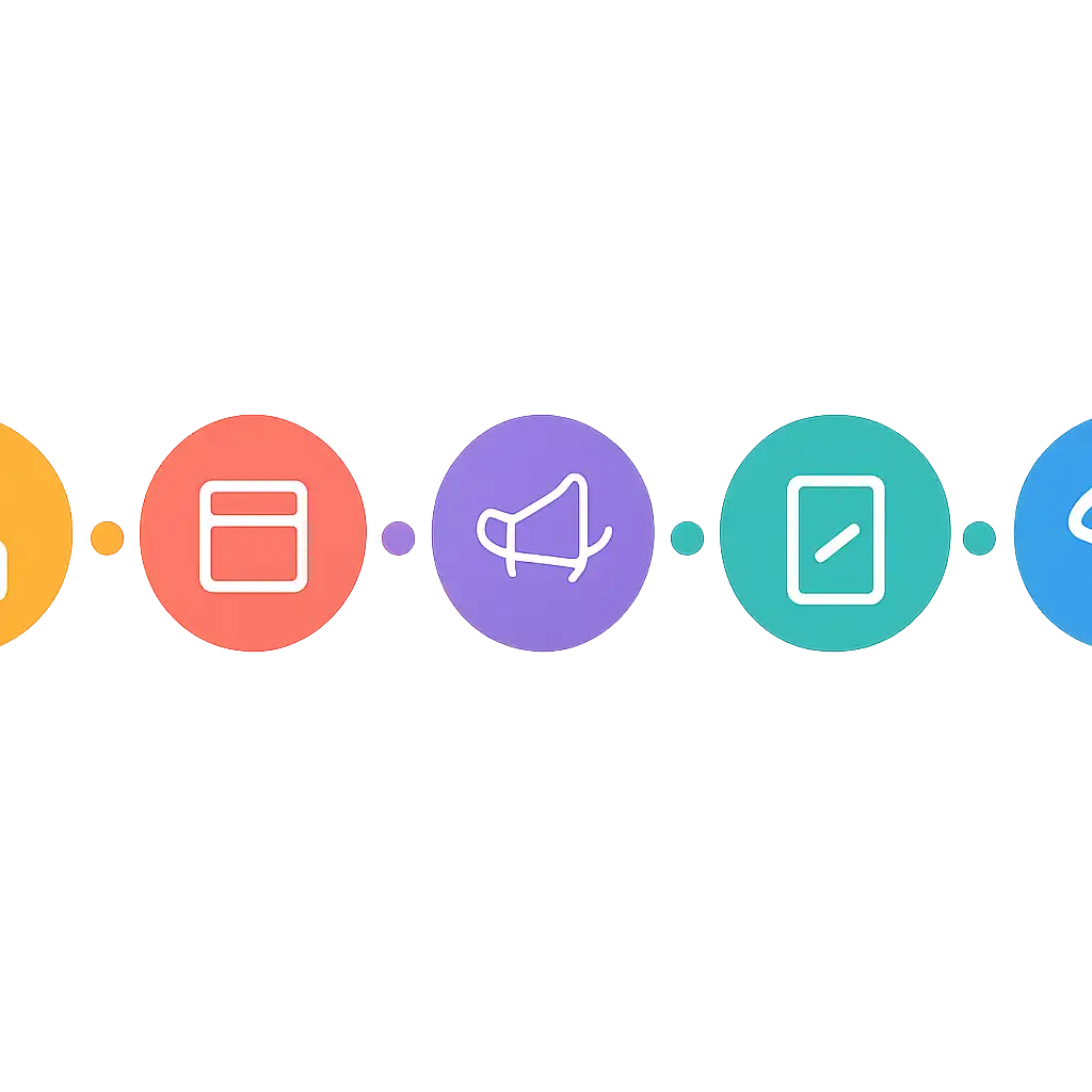 Five numbered circular icons connected by arrows in a horizontal flow, flat illustration, icons only, no words, TC Game steps